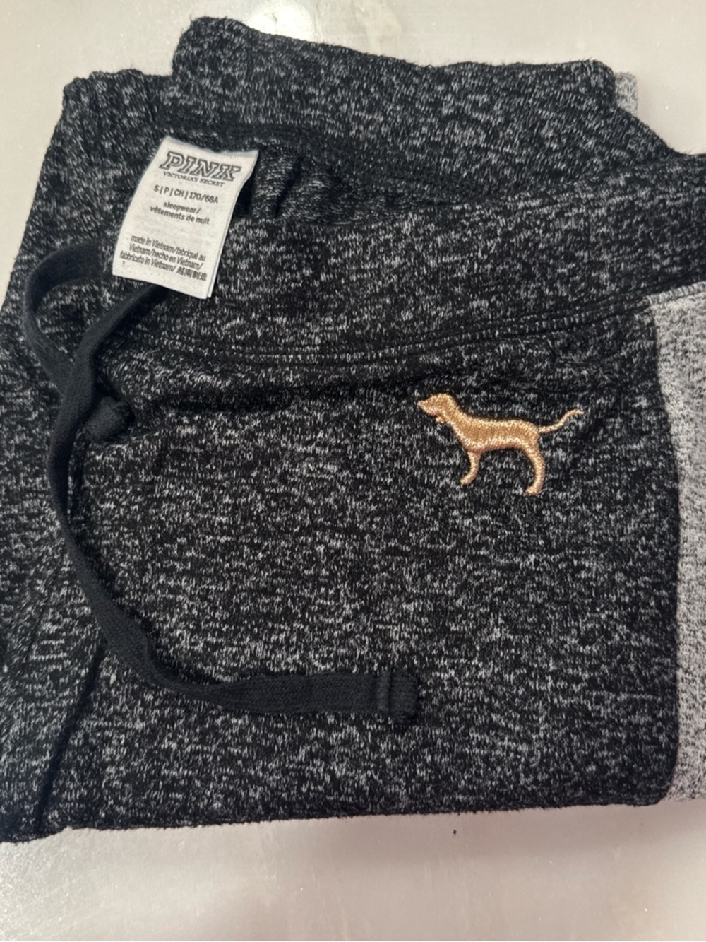 PINK Victoria's Secret Black Marled Joggers with Gold Dog Emblem